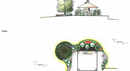 3D hardscape design rendering with pool and patio layout