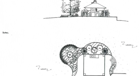 Aerial view 3D rendering of a backyard hardscape project