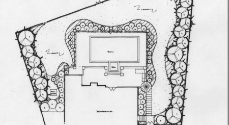 3D landscape plan with outdoor kitchen and fire feature