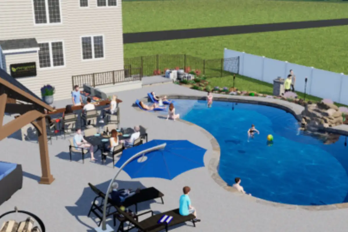 Photorealistic 3D landscape design rendering of a custom outdoor living space