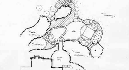 3D landscape design rendering showing patio and outdoor kitchen layout