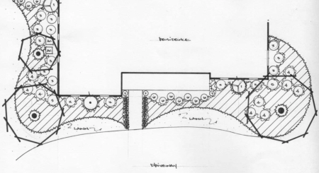 3D landscape design with plantings and stone walkway