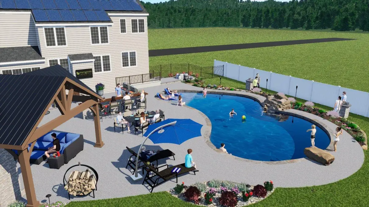 Custom hardscape patio and pool project by Evergreen Hardscaping in Delaware